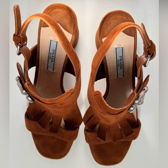Prada Suede Tobacco chunky heel sandal silver buckle size 37 EUR - Picture 3 of 4